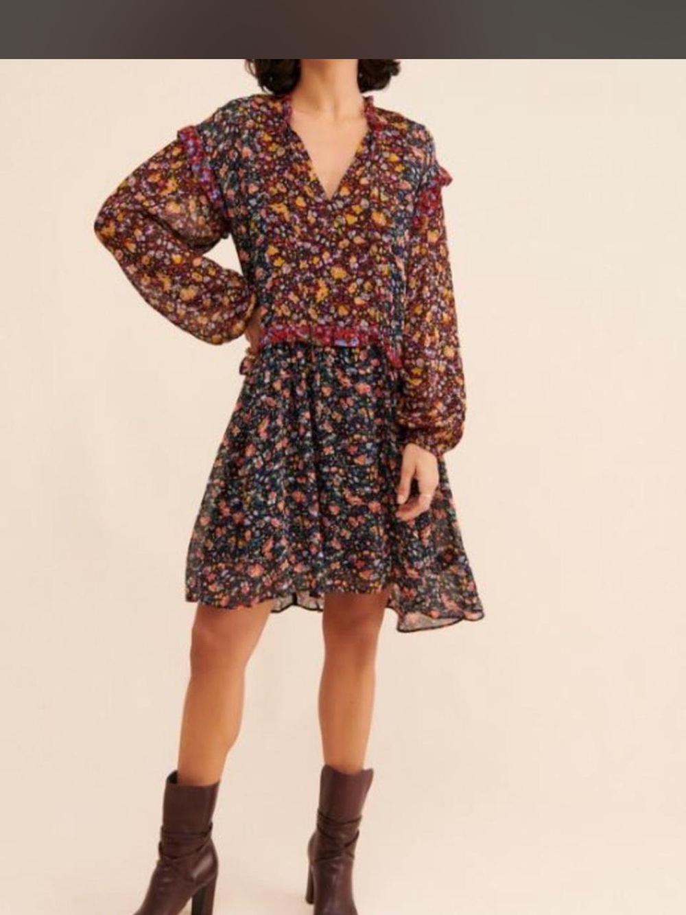 Floral V-Neck Bubble Long Sleeve Mini Dress